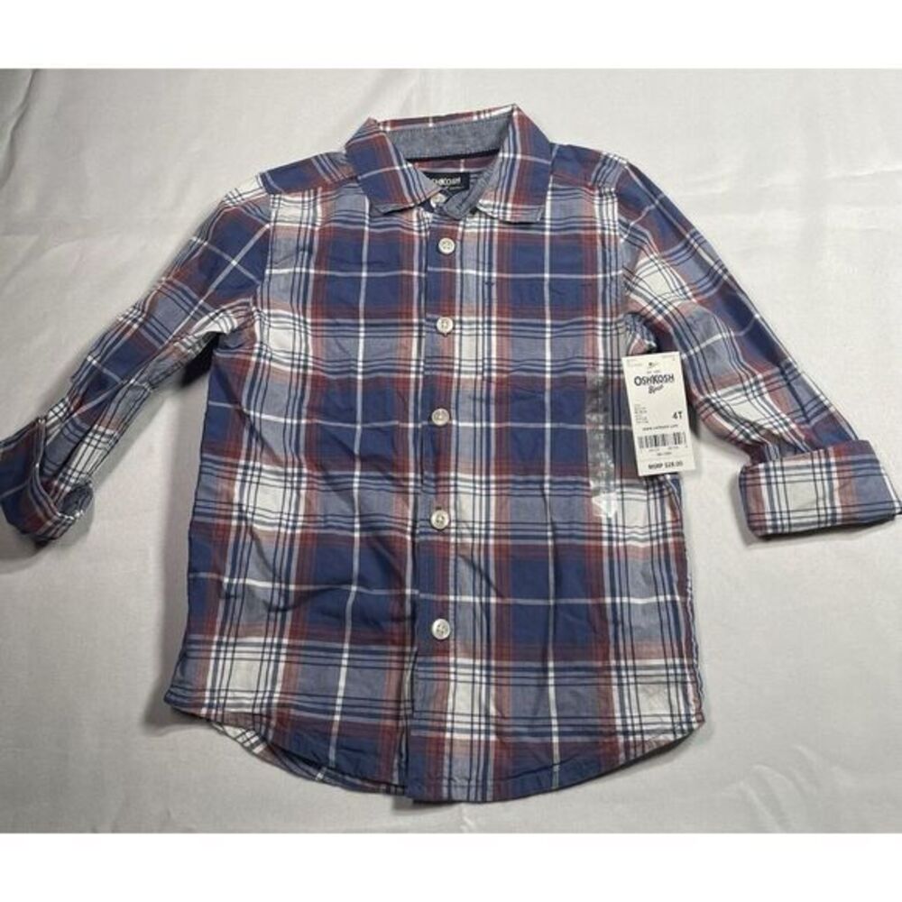OshKosh B'Gosh Boys Button-Up Shirt Long Sleeve Red/Grey Plaid Size 4T NWT